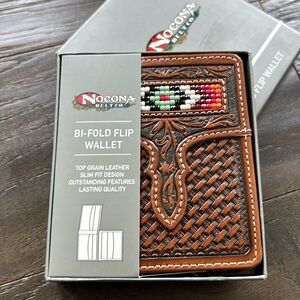 Nocona Tooled Leather,beaded diamond Aztec, Bi-Fold Flip,Western,slim fit wallet